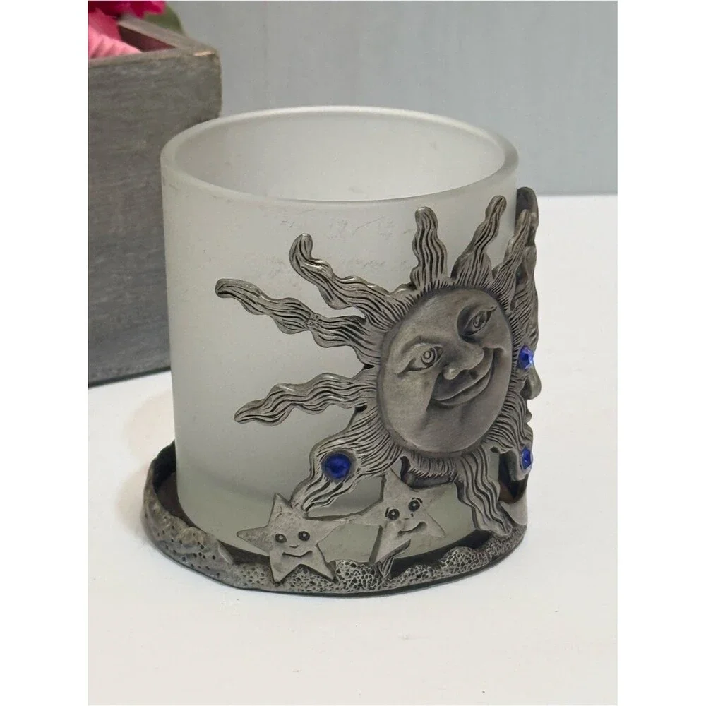 Vintage 90s Pewter Celestial Sun Moon Votive Candle Holder Blue Rhinestones